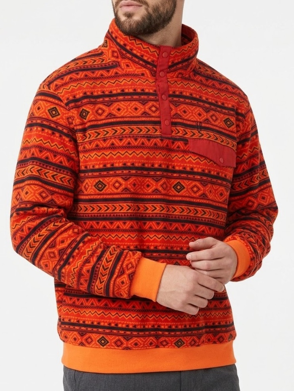 HEYBO Outdoors Mens XL Geometric Aztec Quarter Snap Pullover Red Orange